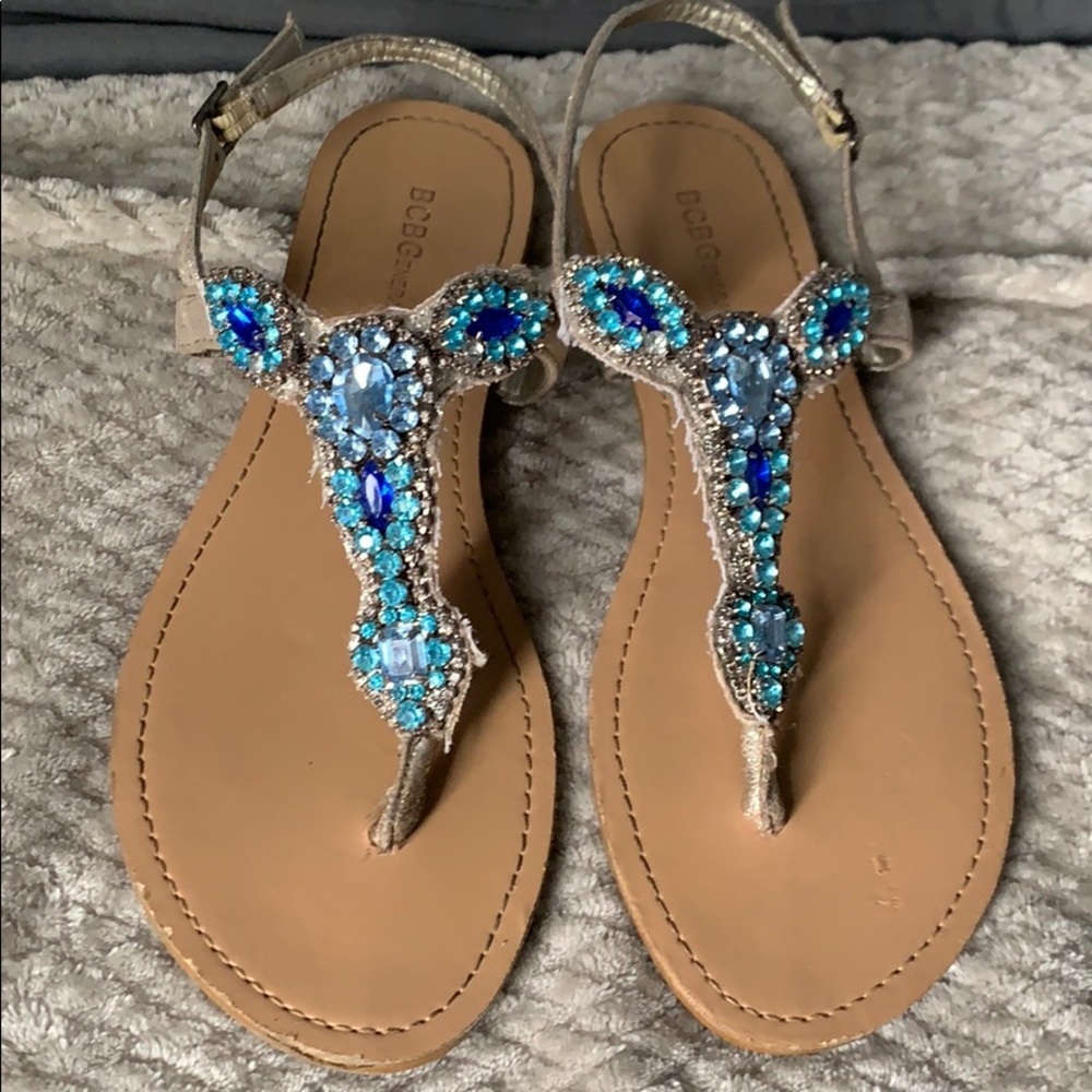 Tan sandals with blue and light blue crystals